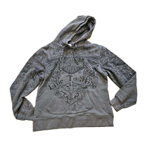 Harley Davidson Y2K Style Hoodie Mens S Gray Flames AOP Biker Tattoo RARE Style - Picture 1 of 9